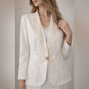 Cream Embroidered Formal Jacket Pearl Button Elegant Blazer 6P